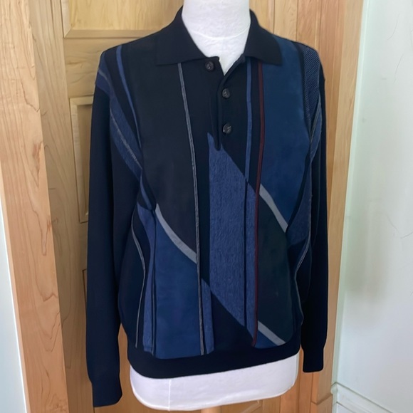 🇮🇹 Vintage John Friday Knitwear Grandpa Blue Geometric Pattern Sweater, Size M - Picture 1 of 16